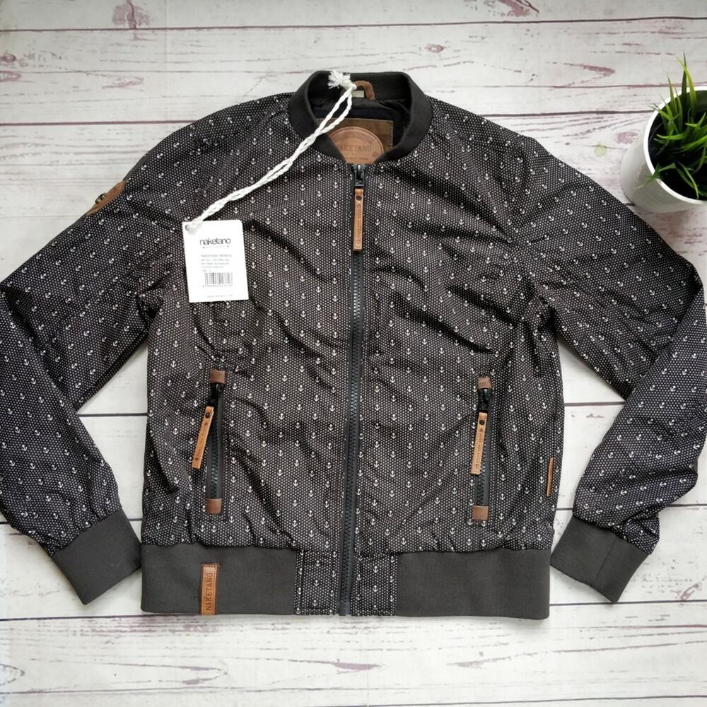 NWT NAKETANO Aus Meine Dorf Brown Anchor Print Zip Bomber Style Jacket S